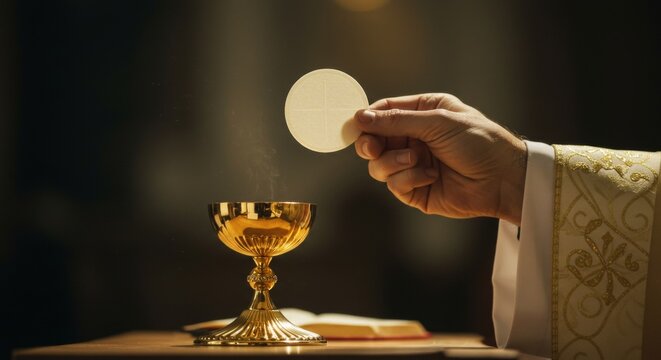 Solemn moment of eucharist celebration with chalice and host, depicting christian faith and spiritual communion
