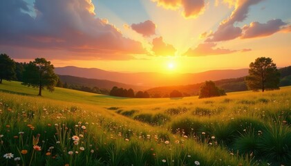 Fototapeta premium Warm sunrise over a peaceful landscape, conveying best wishes and a positive start , daybreak, golden hour