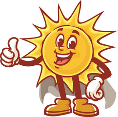 Cartoon sun character in caped superhero style