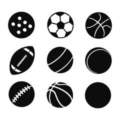 This sports balls set features a collection of ball icons for football, basketball, tennis, soccer, baseball, volleyball, golf, rugby, bowling, and handball games