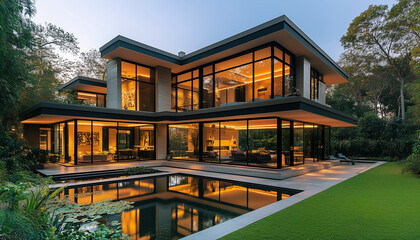 Modern two-story house with large glass windows, clean lines, surrounded by lush greenery near a serene pond. Sleek architecture emphasizes open spaces, natural light, golden-hour highlights