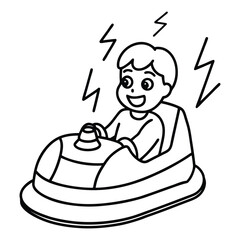 A bumper car with lightning bolts on the side and a child giggling, line art vector