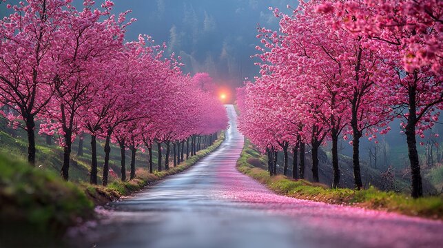 Long lane lined symmetrically cherry blossom tree full bloom their interlocking branch forming pink canopy overhead ground blanketed petal winding road beneath damp morning dew reflecting soft pastel