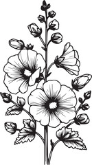 Hollyhock flower line art, flower coloring pages for adults, pretty flower coloring pages, hand-drawn Hollyhock flower, botanical Hollyhock black and white illustration, linework, lite blue Hollyhock