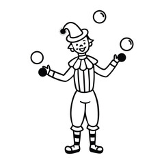 A clown juggling rainbow-colored balls with big shoes and a silly hat, line art vector