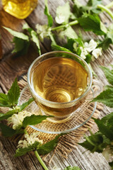 Fresh white dead-nettle blossoms and leaves with a transparent cup of herbal tea