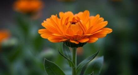 Elegant orange calendula flower blooming in a serene garden setting