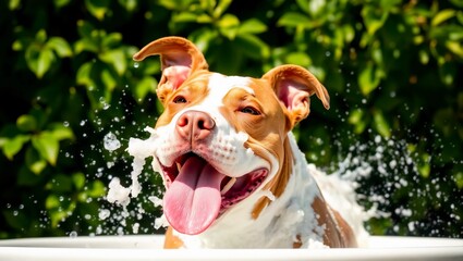 playful dog pitbull water droplets soap suds dog grooming outdoor bath joyful mood bright lighting wet dog playful bath greenery dog bath
