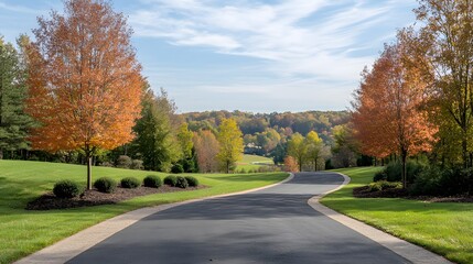 Obraz premium Scenic autumnal drive through a landscaped estate.