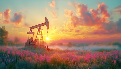 Oil pump standing in blossom red flower fields illuminated by sunset warm light. Striking contrast between industry and nature symbolizes energy, oil price and creativity Nature concept