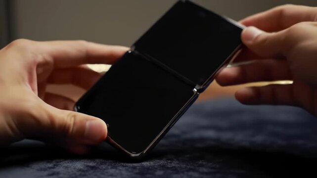  A luxury foldable smartphone is smoothly opened by hand on a velvet surface in soft ambient light