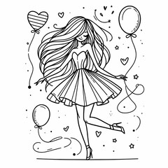 Elegant Girl with Balloons and Hearts in Line Art Style