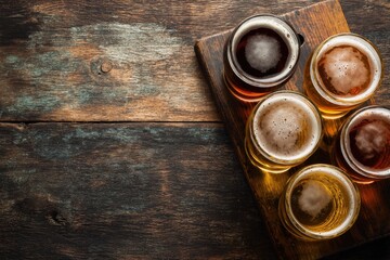 Five glasses of assorted craft beer on rustic wood from above with copy space on the left, ideal for pubs, drink tastings, or brewery ads