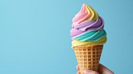 Colorful rainbow gelato cone against a soft blue backdrop