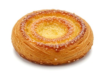 Fototapeta premium A single danish pastry with a glazed top and a swirl design on a white background is centered view