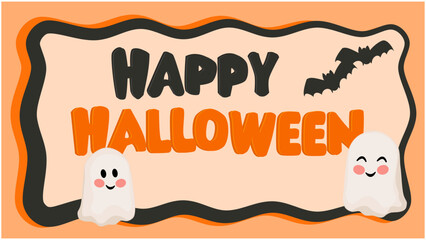 Happy Halloween card with cute smiling ghosts, bats, and festive orange and black design