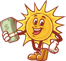 Cartoon sun character holding cash