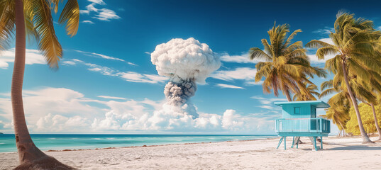 Nuclear explosion with mushroom cloud rising on horizon of tropical island beach. Vibrant blue lifeguard tower, palm trees, ocean waves, sunny sky create stark contrast between peace and destruction