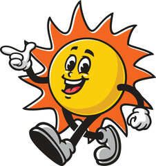 Retro style sun character cartoon is walking