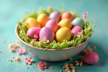 Fototapeta premium Assortment of colorful Easter candy eggs in a bowl , marshmallow, holiday sweets, celebration