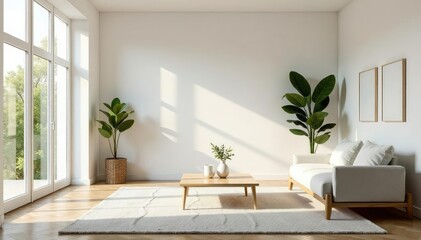 Fototapeta premium Bright, airy minimalist living room with simple furniture and decor Neutral color palette, natural light , grey, room, relaxing