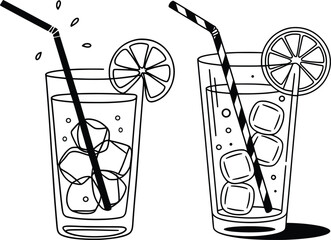 Refreshing Cold Drink Line Art, Lemonade and Ice Beverage Illustration.