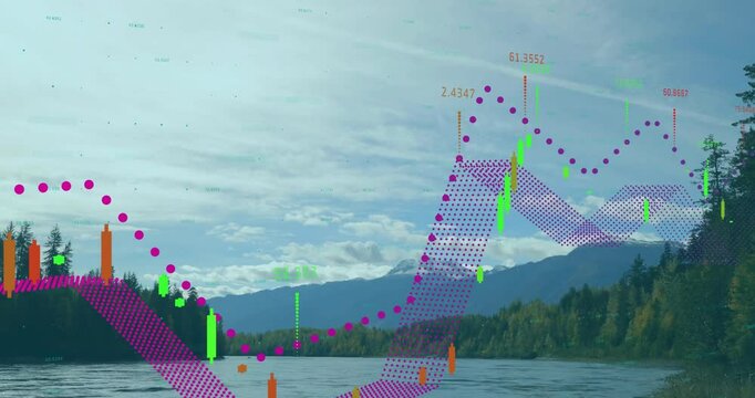 Digital data visualization overlay floating over mountain lake, showing candlestick charts