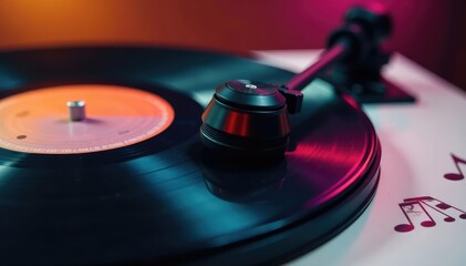 Close-up of headphones on a vinyl record, music notes in the background , focus, macro, performance