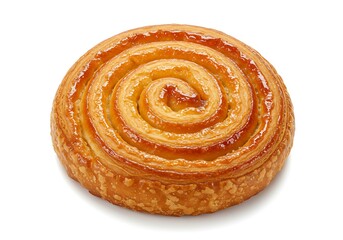 Fototapeta premium A close up shot of a single round pastry with a spiral design on a white background surface view