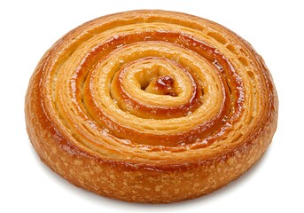 Fototapeta premium A close up shot of a glazed pastry roll with a spiral pattern on a white background surface view
