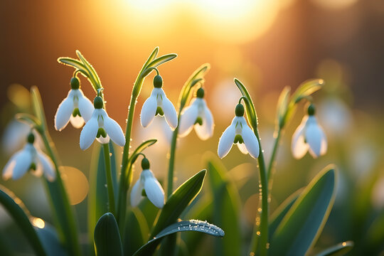 Delicate snowdrop flowers bloom bathed in warm sunlight capturing the essence of early spring and new beginnings in a peaceful setting