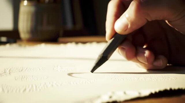  A matte graphite pencil draws its first line across textured sketch paper in warm natural studio light