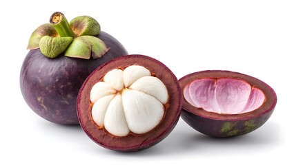 A whole mangosteen fruit alongside two halves, revealing the white, segmented flesh inside the purple rind.