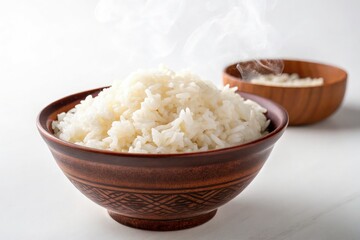 Cooked White Rice Served in a Decorative Brown Bowl Generative AI