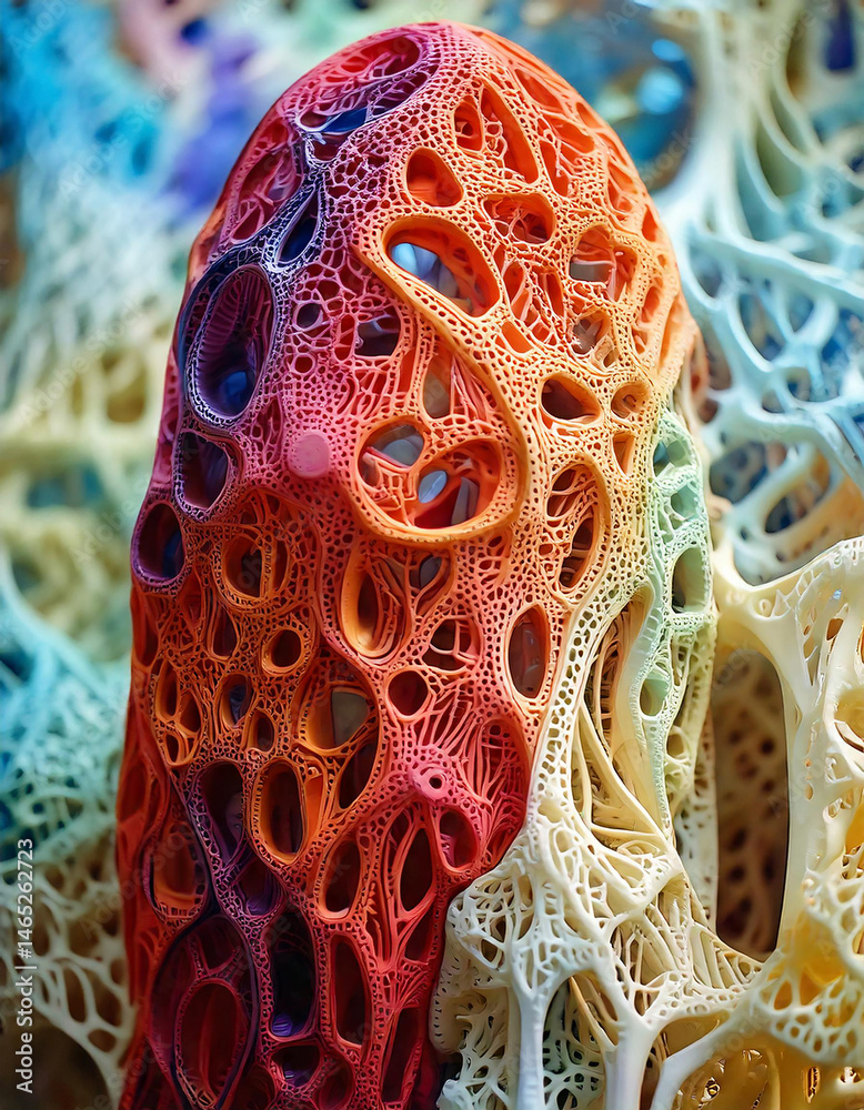 Poster abstract organic structure with intricate cellular pattern and vibrant gradient from red to blue, cr