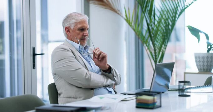Thinking, laptop and mature business man for investment decision, project ideas and proposal. Professional, corporate and person on computer for planning, financial strategy and problem solving