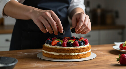 Pastry chef decorates fruit cake with fresh blackberries in kitchen  