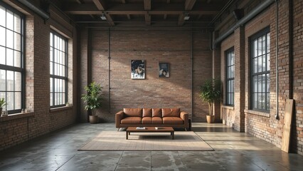 Stylish Industrial Loft Living Room. Urban Living Space with Exposed Brick