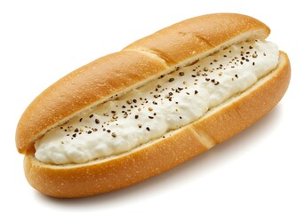 A hot dog bun filled with white cream and black pepper isolated on a white background close up view