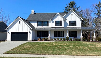 Modern Farmhouse Exterior White Siding, Black Windows, Metal Roof