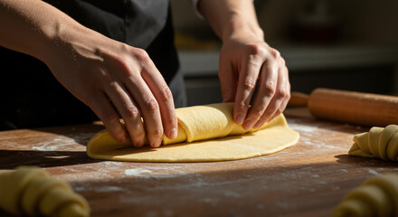 Pastry chef folding delicate croissant dough in bright modern kitchen  