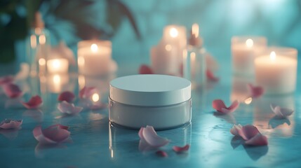 Empty white cosmetic jar surrounded by candles and rose petals.