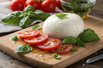 Fresh Mozzarella Cheese Block Sliced With Tomatoes and Basil Generative AI