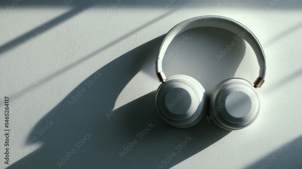 Poster Wireless Headphones Resting on a Desk With Intriguing Shadows Above and Beside Them Generative AI