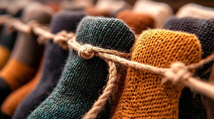Close up of Colorful Knit Socks Tied with Rope on Fabric Background