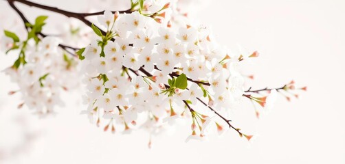 Fototapeta premium Delicate white cherry blossoms, pristine white backdrop, soft light, japanese, twig