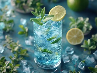 Refreshing azure drink with citrus and herbs.