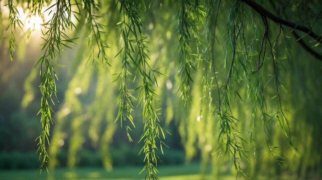 The sun-drenched green limbs of the willow tree gently sway in the glory of nature.