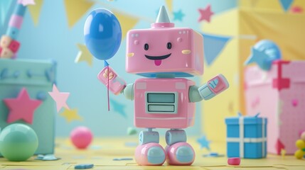 Cute robot holding a blue balloon at a party