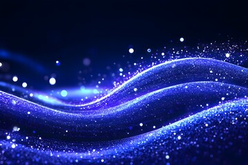 Obraz premium A digital - art image showcasing mesmerizing blue - toned, wavy patterns interspersed with sparkling, floating particles against a dark background, creating a dynamic and ethereal visual effect. 